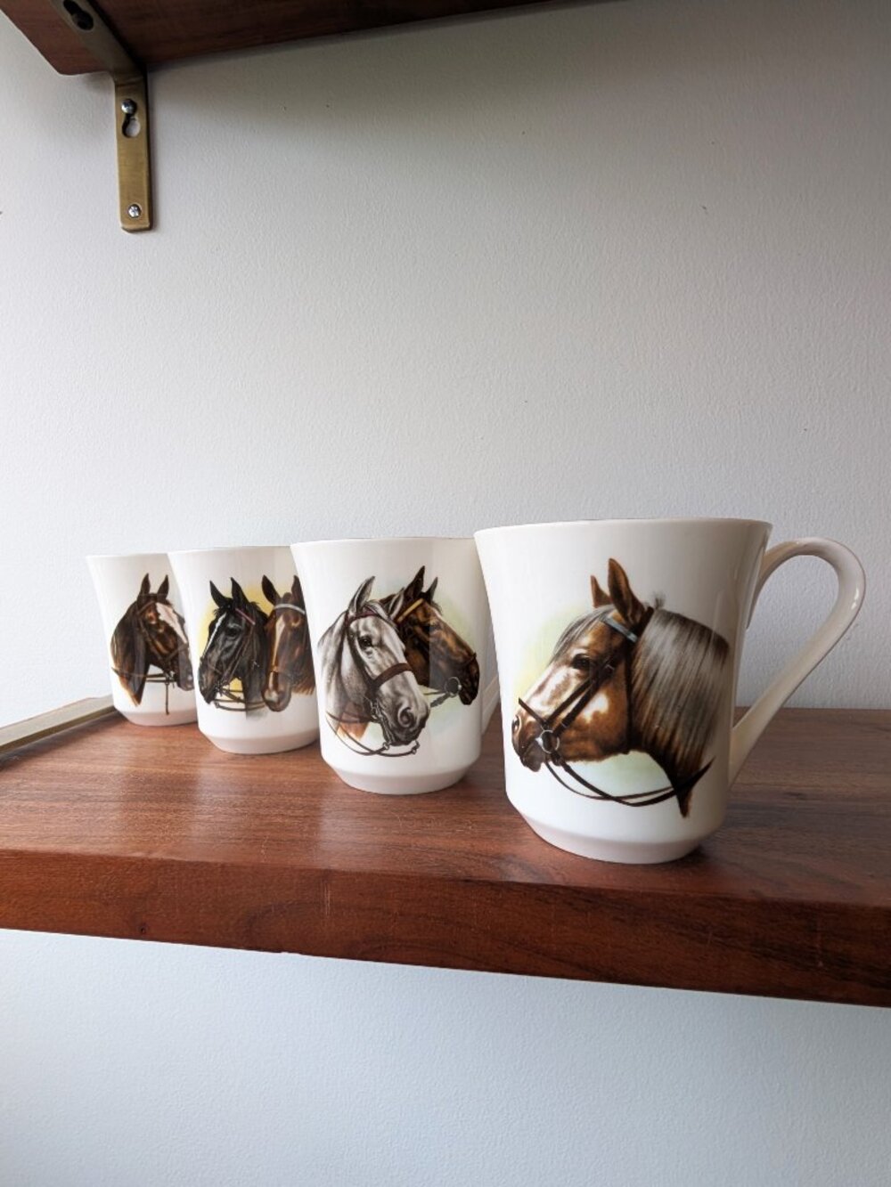 Vintage Set of 4 Equestrian Scene Newhall English Fine Bone China Mugs Teacups